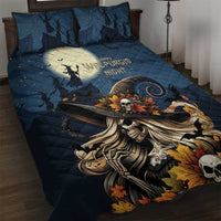 Dark blue quilt bed set with skull witch artwork and Happy Walpurgis Night print