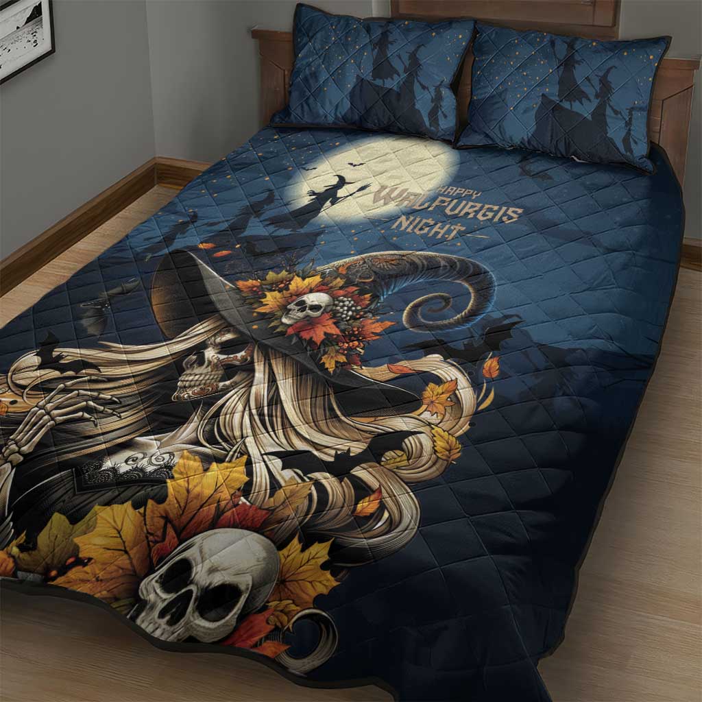 Dark blue quilt bed set with skull witch and crescent moon swirl graphic, two pillows
