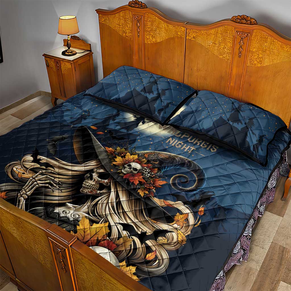 Dark blue quilt bed set with skull witch and autumn leaves graphic on quilt and pillows