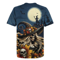 Dark blue rugby jersey back with crescent moon, witch silhouettes and skull autumn graphic