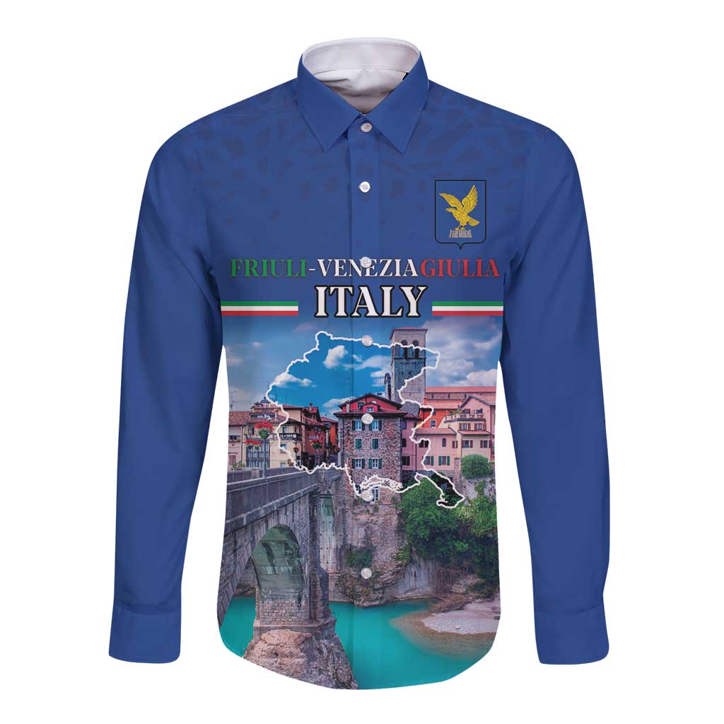 Blue long-sleeve button shirt with front graphic print and spread collar