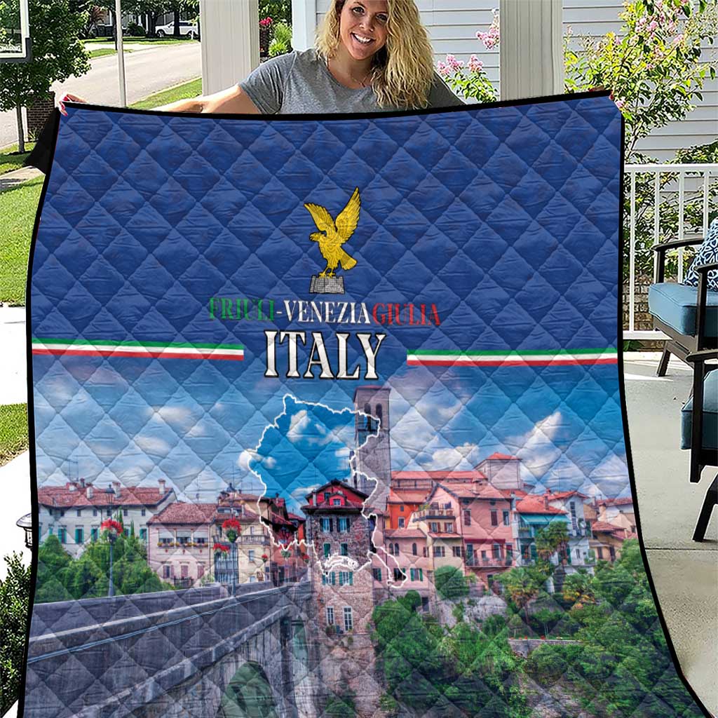 Blue quilt with diamond stitching, yellow bird emblem, “ITALY” graphic center