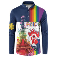 Blue long-sleeve henley sweatshirt with Pride Month graphic, Eiffel Tower, and rainbow stripe