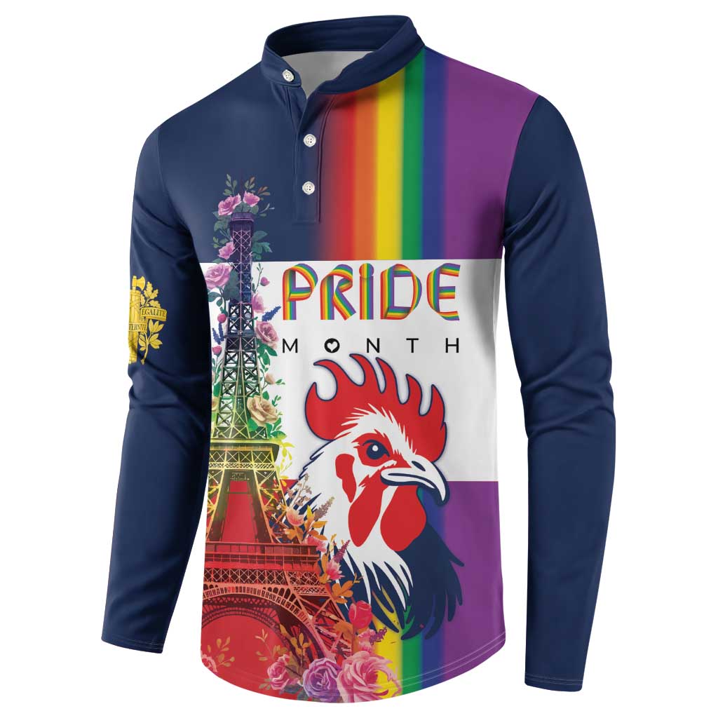 Blue henley sweatshirt with Pride Month rooster, Eiffel Tower, and rainbow stripe front print