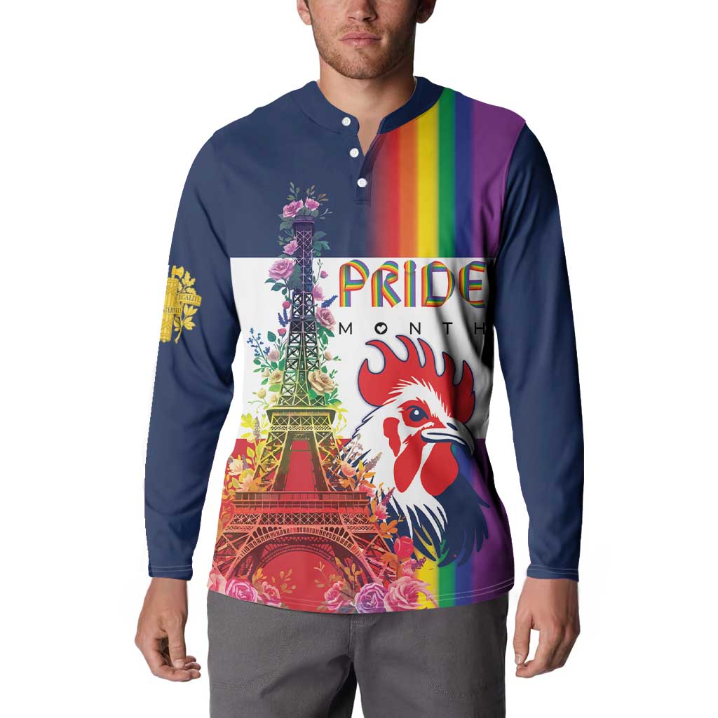 Blue long-sleeve henley sweatshirt with Pride Month Eiffel Tower and rooster graphic on model