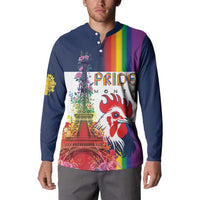 Blue long-sleeve henley sweatshirt with Pride Month Eiffel Tower and rooster graphic on model