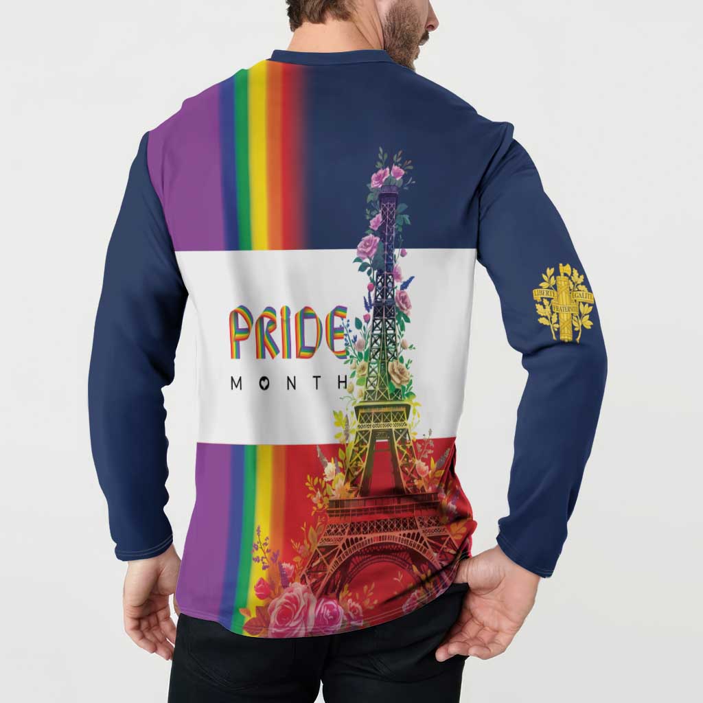 Blue long-sleeve henley sweatshirt back print with Pride Month Eiffel Tower and rainbow stripe on model