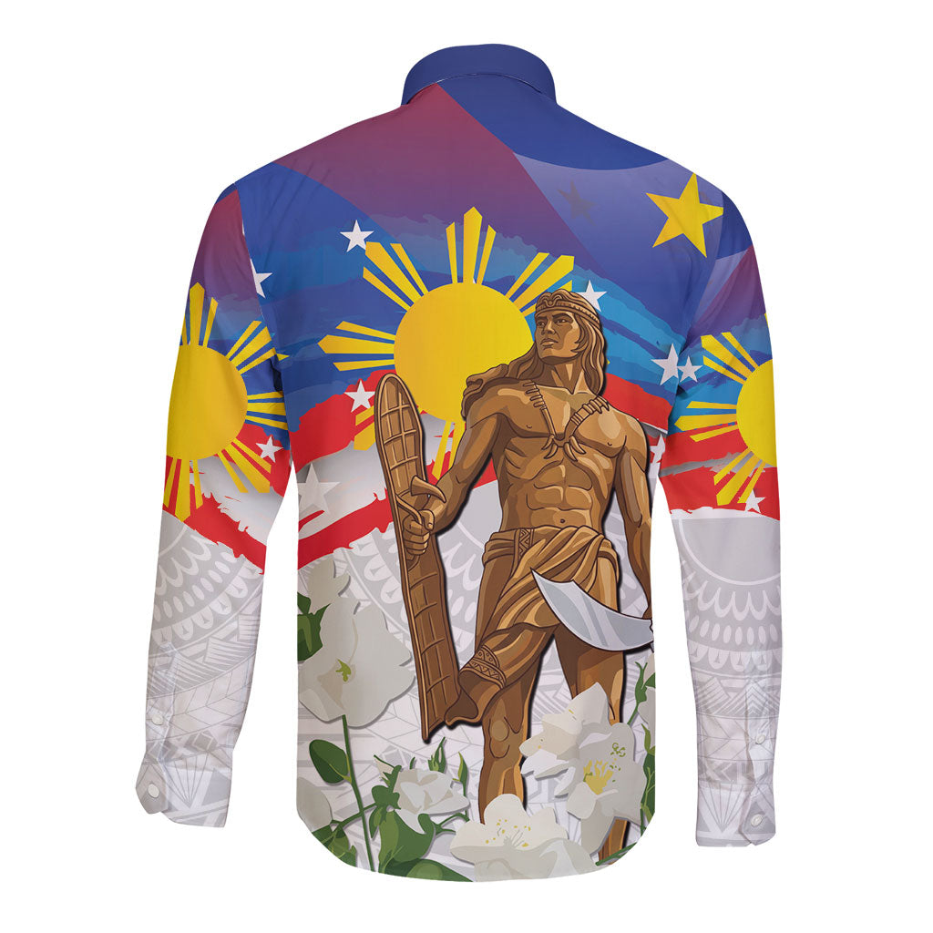Philippines Flag Day Long Sleeve Button Shirt Lapu-Lapu Warrior Heritage Art