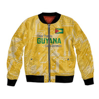 Yellow bomber jacket with zip, ribbed hem and cuffs, Guyana flag graphic front