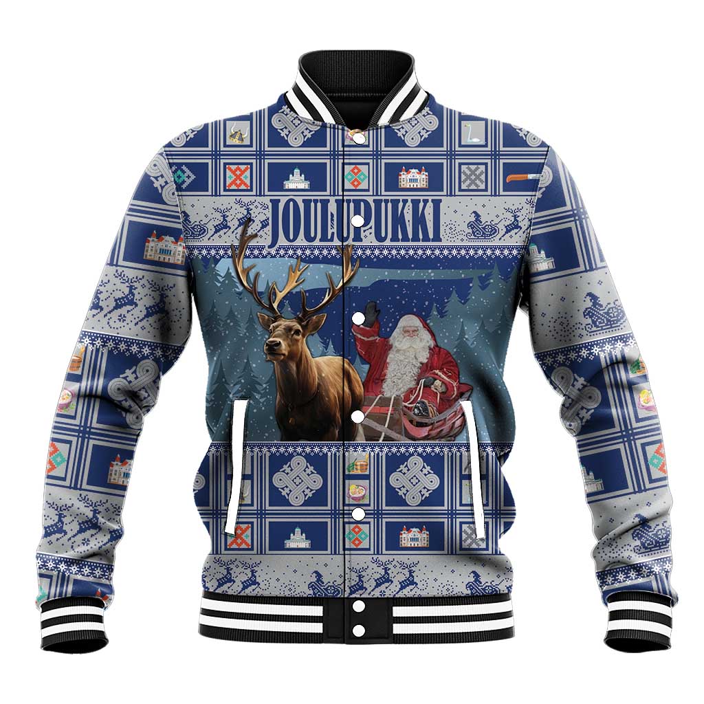 Blue unisex Christmas baseball jacket, Santa and reindeer front graphic, snap-button front