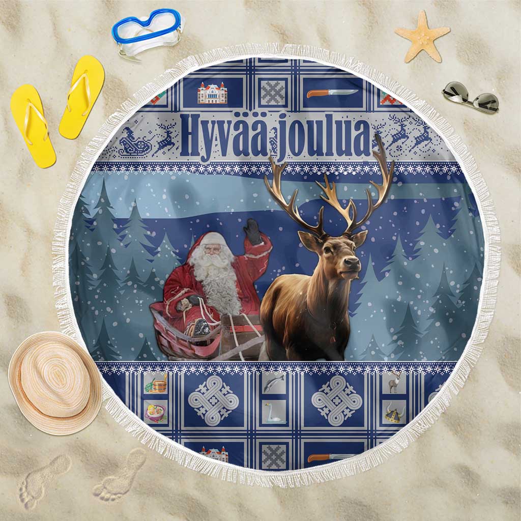 Blue round beach blanket with fringe edge, winter reindeer and Santa scene, 150cm