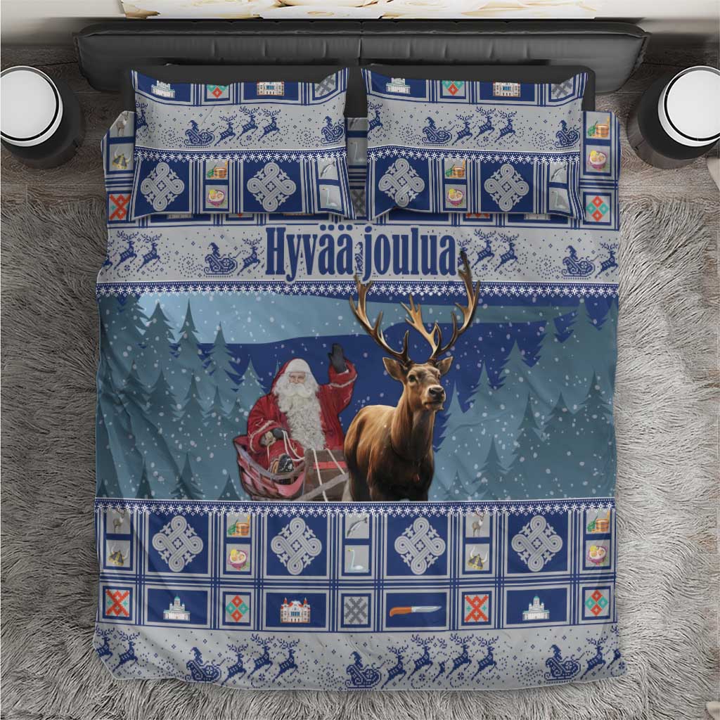 Blue Christmas duvet cover set with reindeer, Santa, and festive border, incl. pillows