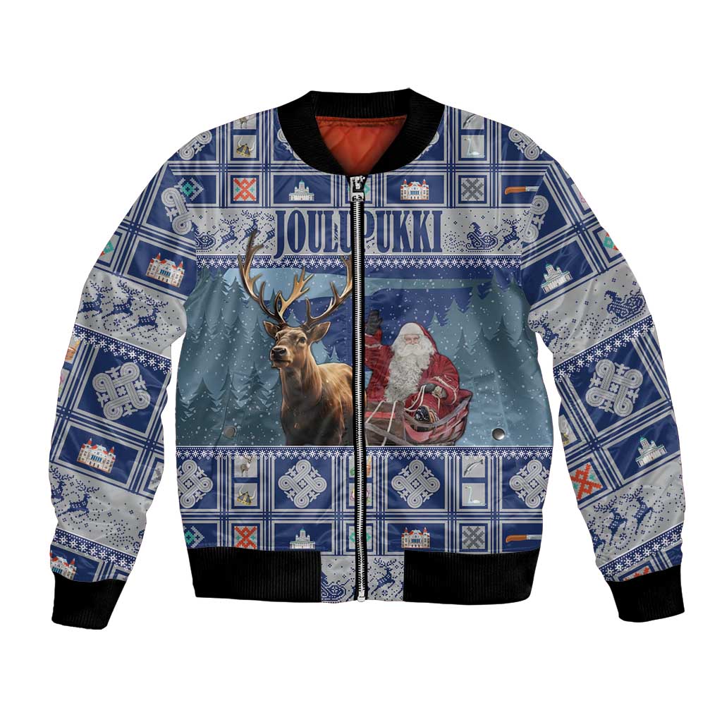 Blue Christmas bomber jacket with front zip and Joulupukki scene graphic, black ribbed cuffs