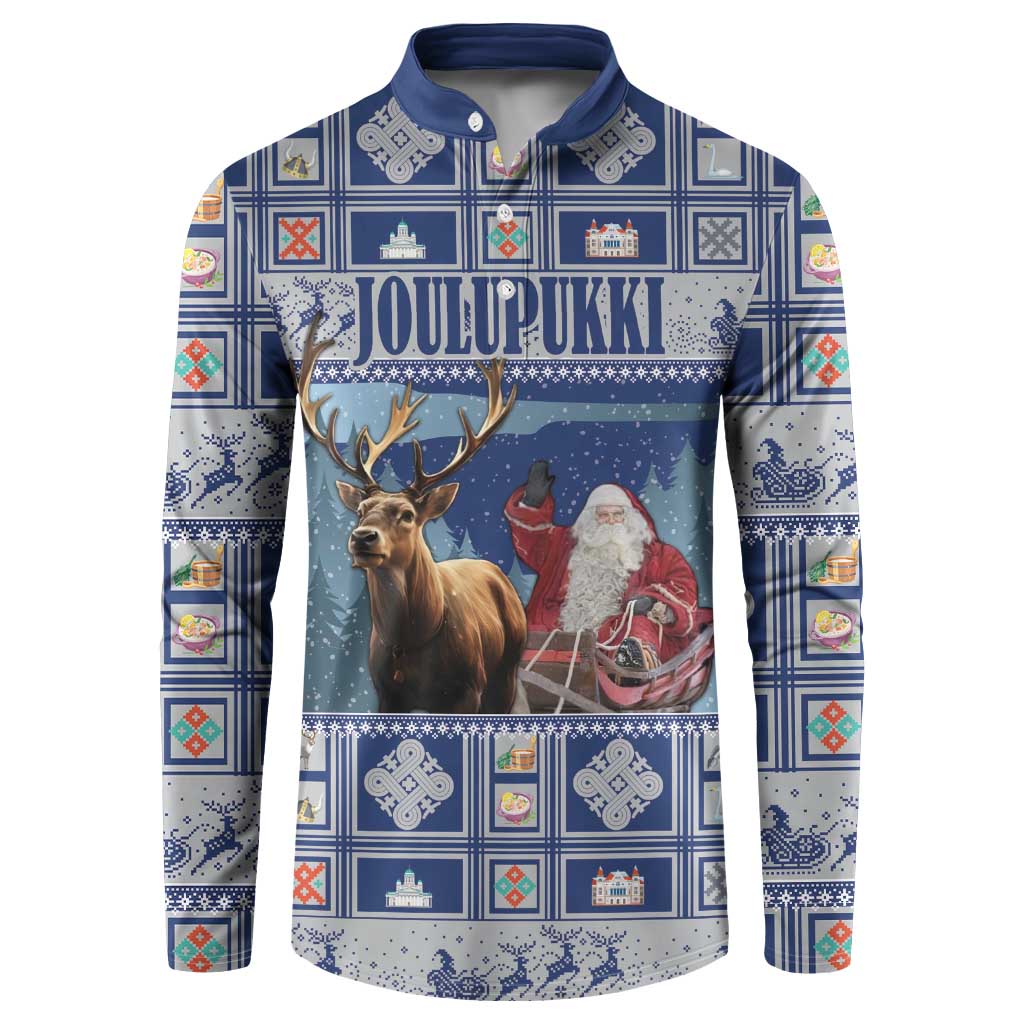 Blue Christmas button sweatshirt with Joulupukki front graphic and reindeer scene