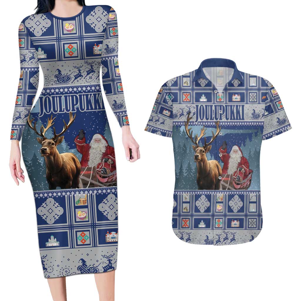 Finland Joulupukki Christmas Couples Matching Long Sleeve Bodycon Dress and Hawaiian Shirt Mythology Hannunvaakuna - Wonder Print Shop