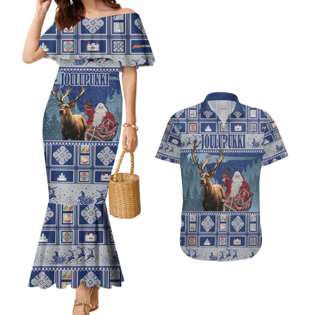 Finland Joulupukki Christmas Couples Matching Mermaid Dress and Hawaiian Shirt Mythology Hannunvaakuna - Wonder Print Shop