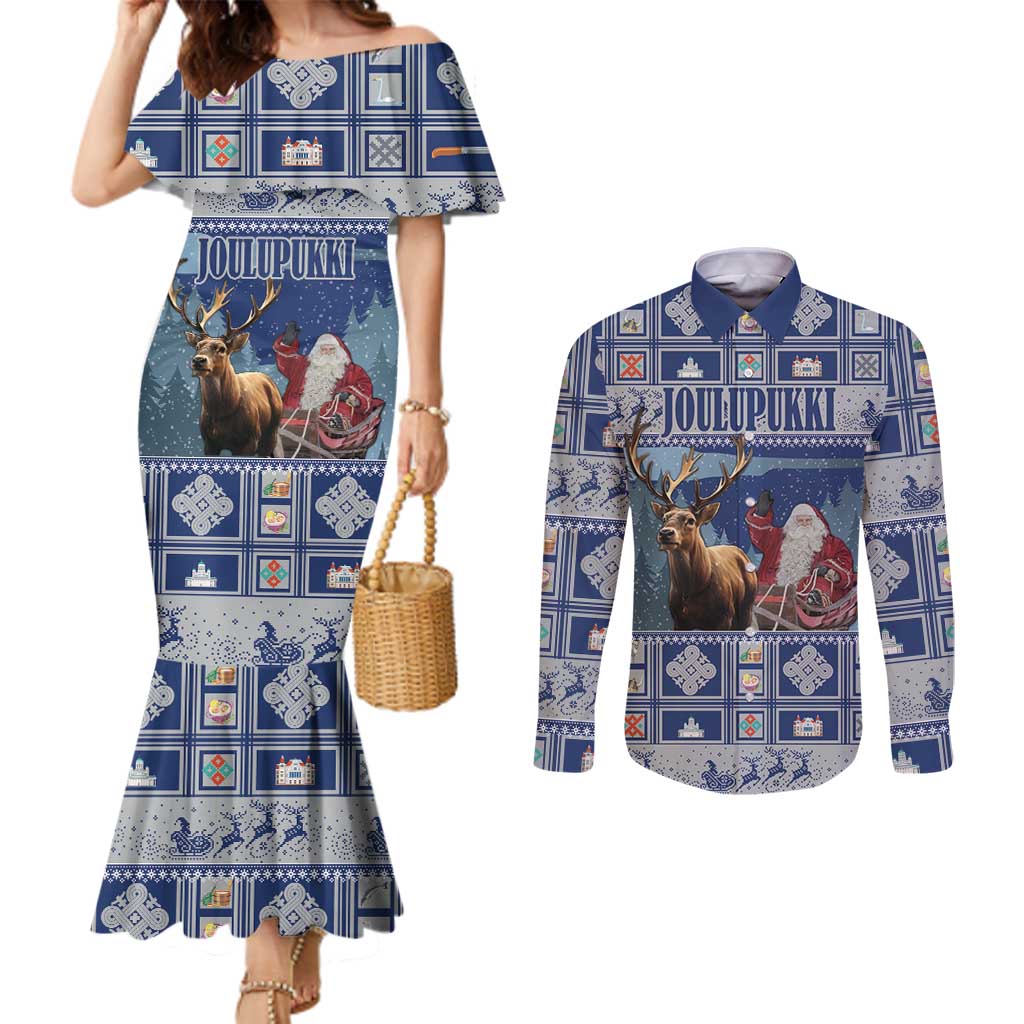 Finland Joulupukki Christmas Couples Matching Mermaid Dress and Long Sleeve Button Shirt Mythology Hannunvaakuna