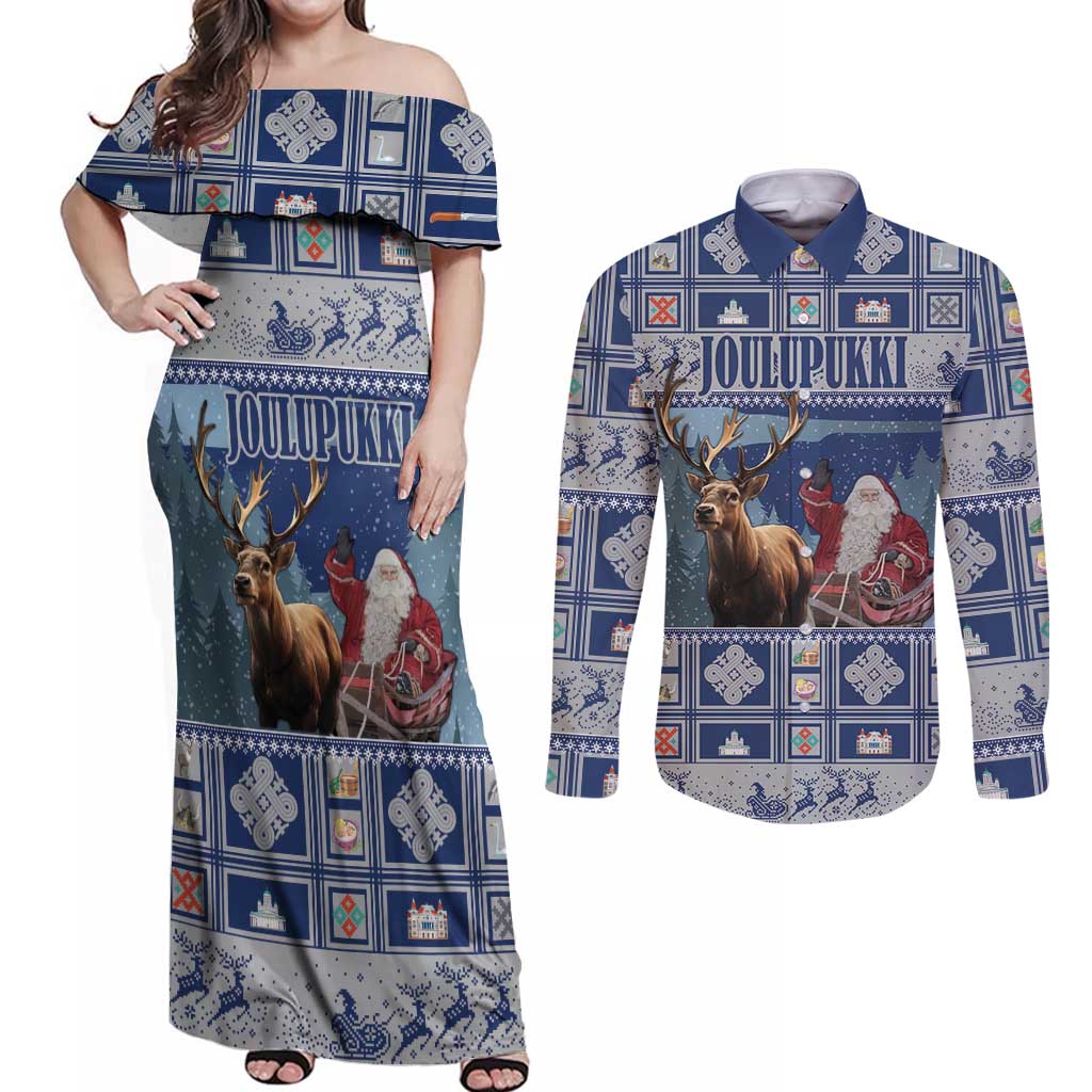 Finland Joulupukki Christmas Couples Matching Off Shoulder Maxi Dress and Long Sleeve Button Shirt Mythology Hannunvaakuna - Wonder Print Shop