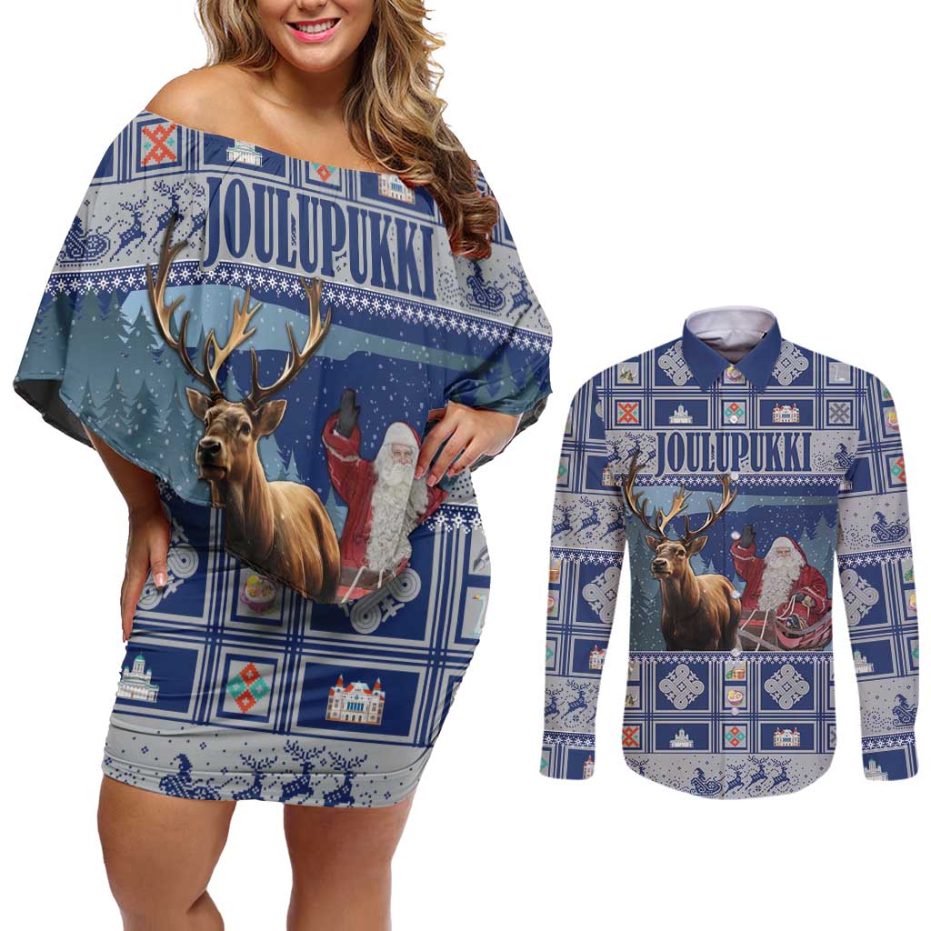 Finland Joulupukki Christmas Couples Matching Off Shoulder Short Dress and Long Sleeve Button Shirt Mythology Hannunvaakuna - Wonder Print Shop