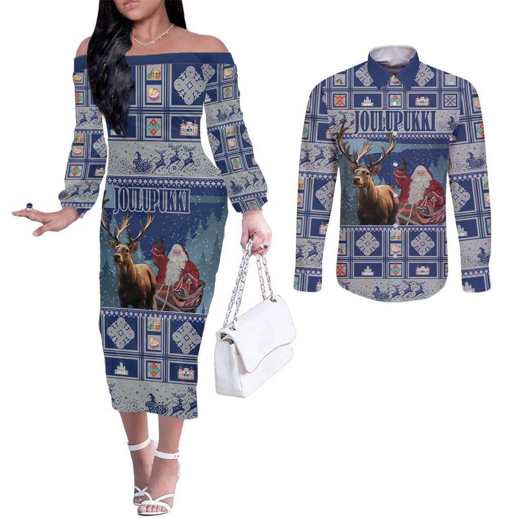 Finland Joulupukki Christmas Couples Matching Off The Shoulder Long Sleeve Dress and Long Sleeve Button Shirt Mythology Hannunvaakuna