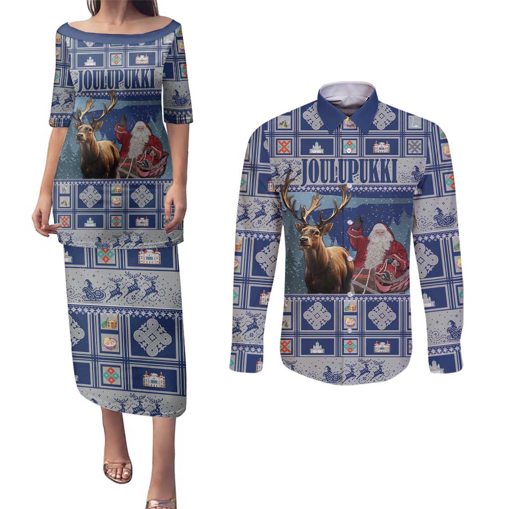 Finland Joulupukki Christmas Couples Matching Puletasi and Long Sleeve Button Shirt Mythology Hannunvaakuna - Wonder Print Shop