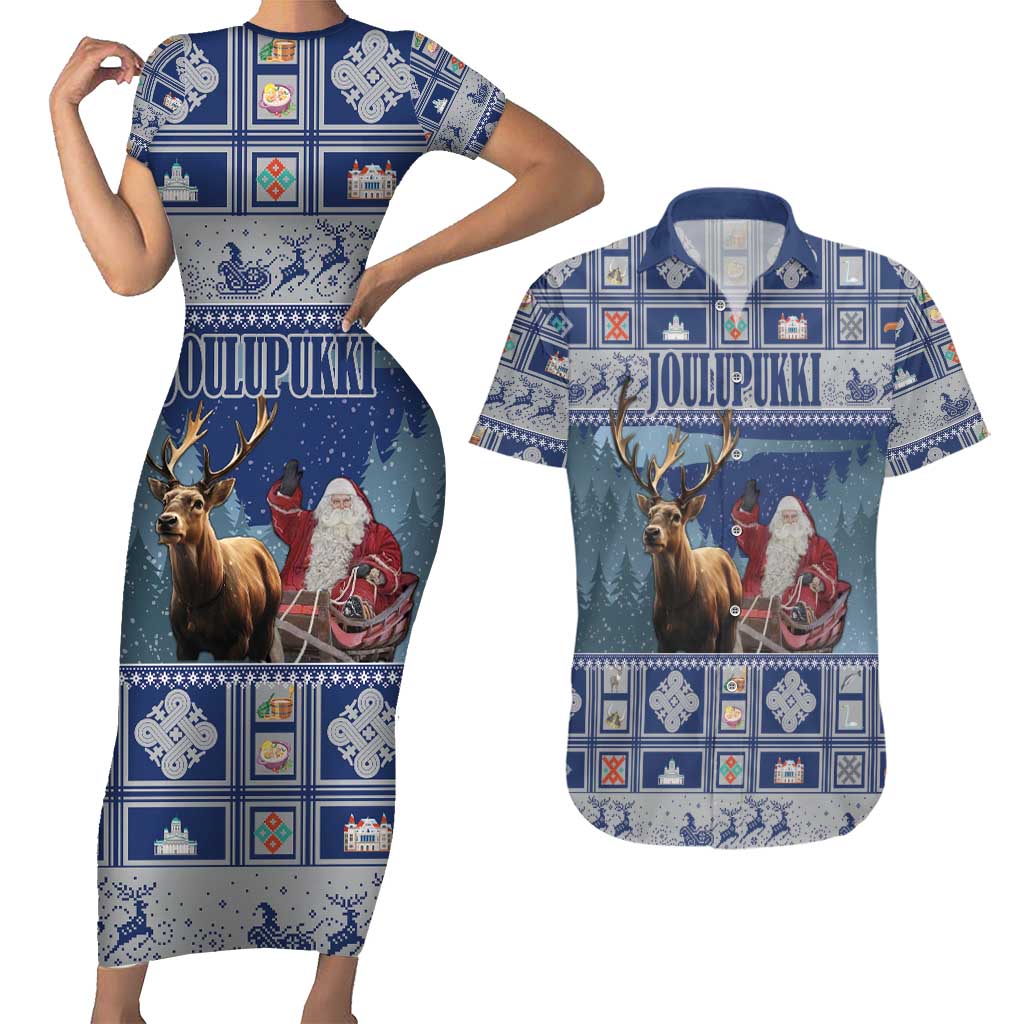 Finland Joulupukki Christmas Couples Matching Short Sleeve Bodycon Dress and Hawaiian Shirt Mythology Hannunvaakuna - Wonder Print Shop