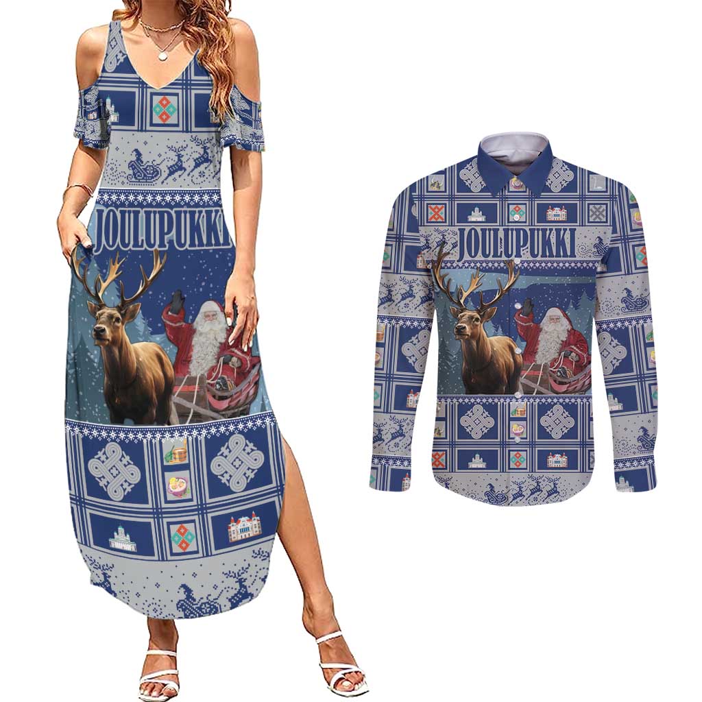 Finland Joulupukki Christmas Couples Matching Summer Maxi Dress and Long Sleeve Button Shirt Mythology Hannunvaakuna - Wonder Print Shop