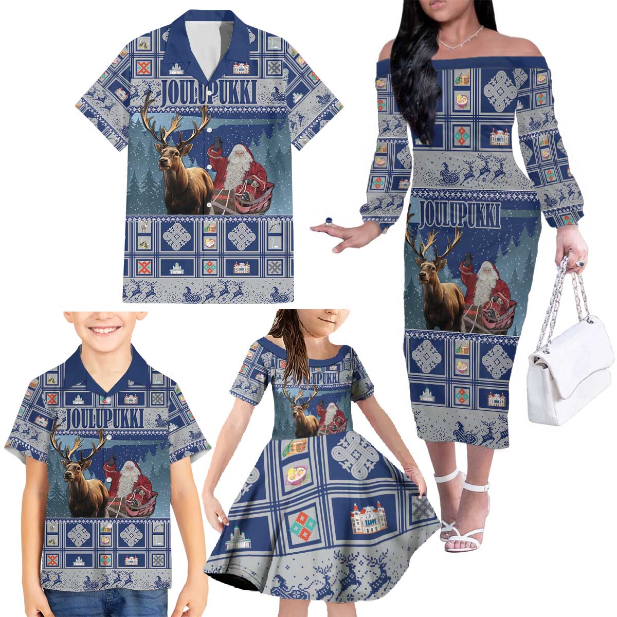 Finland Joulupukki Christmas Family Matching Off The Shoulder Long Sleeve Dress and Hawaiian Shirt Mythology Hannunvaakuna - Wonder Print Shop