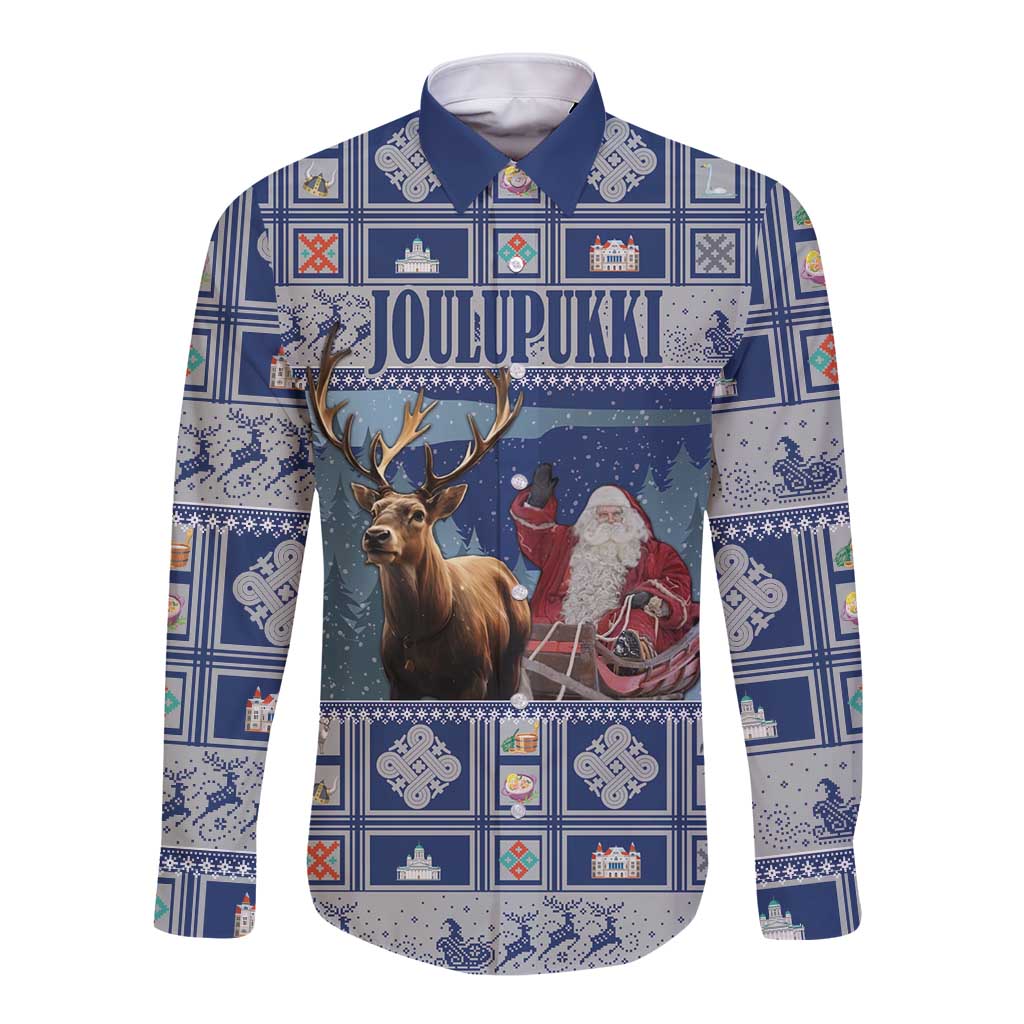 Unisex blue long-sleeve button shirt with Joulupukki front graphic