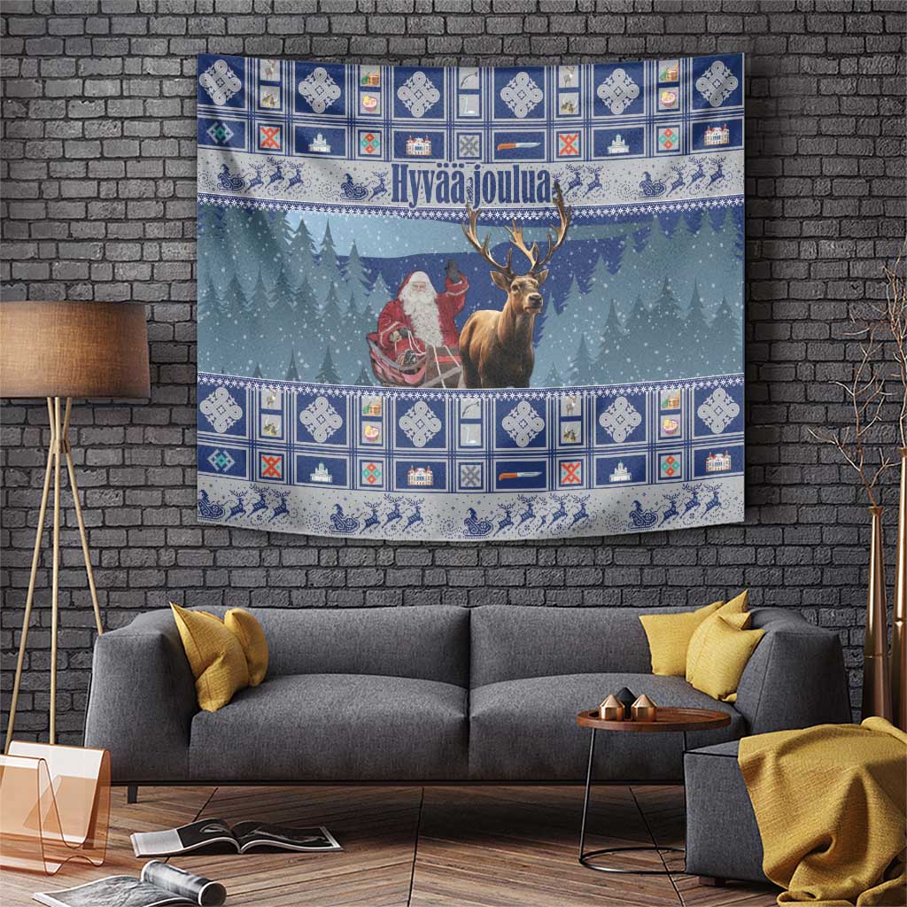 Blue Christmas tapestry with Santa and reindeer deer over snowy forest, festive border.