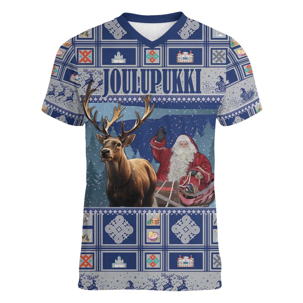 Finland Joulupukki Christmas Women V-Neck T-Shirt Mythology Hannunvaakuna