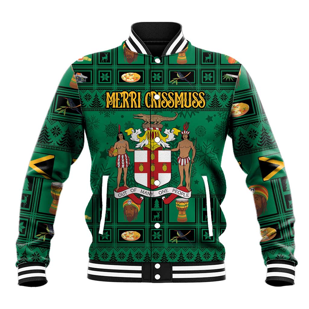 Green unisex varsity baseball jacket with striped collar, button front, festive graphic