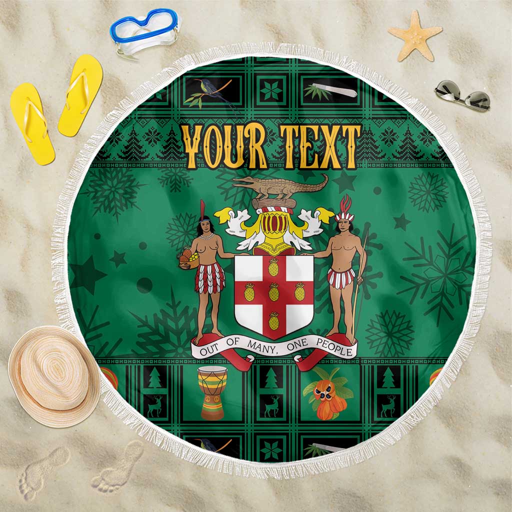 Round green beach blanket with crest and 'YOUR TEXT' design, white fringed edge