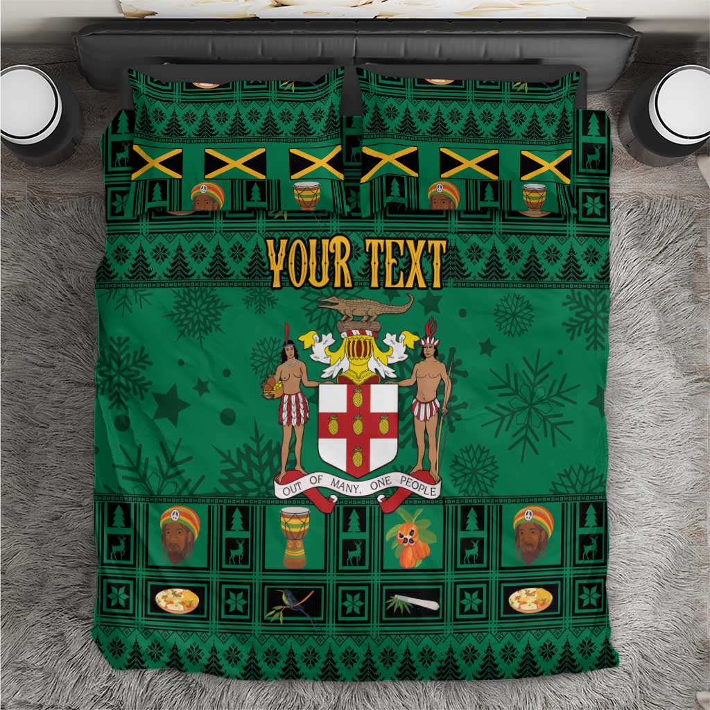 Green Christmas bedding set with crest, dancers, and bold “YOUR TEXT”