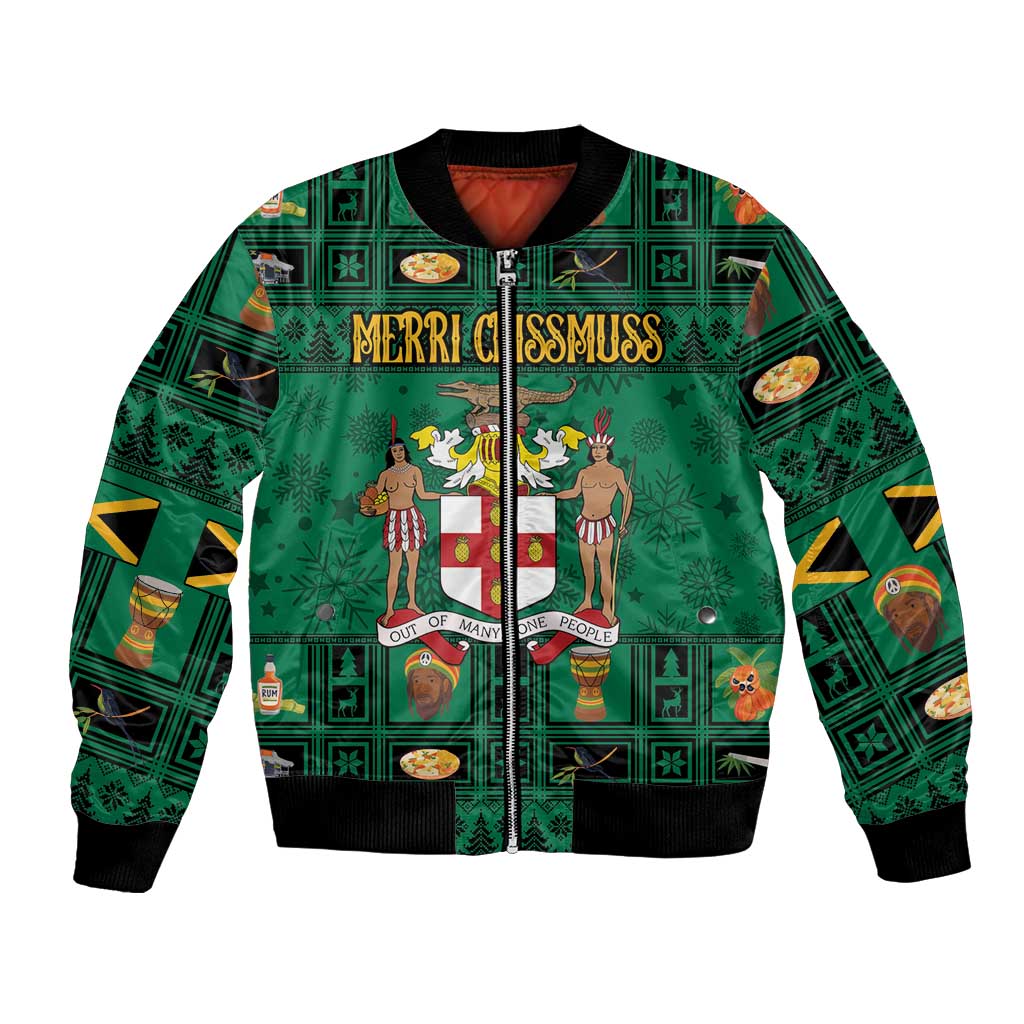 Green zip-up bomber jacket with festive graphic, ribbed black trim and coat-of-arms panel