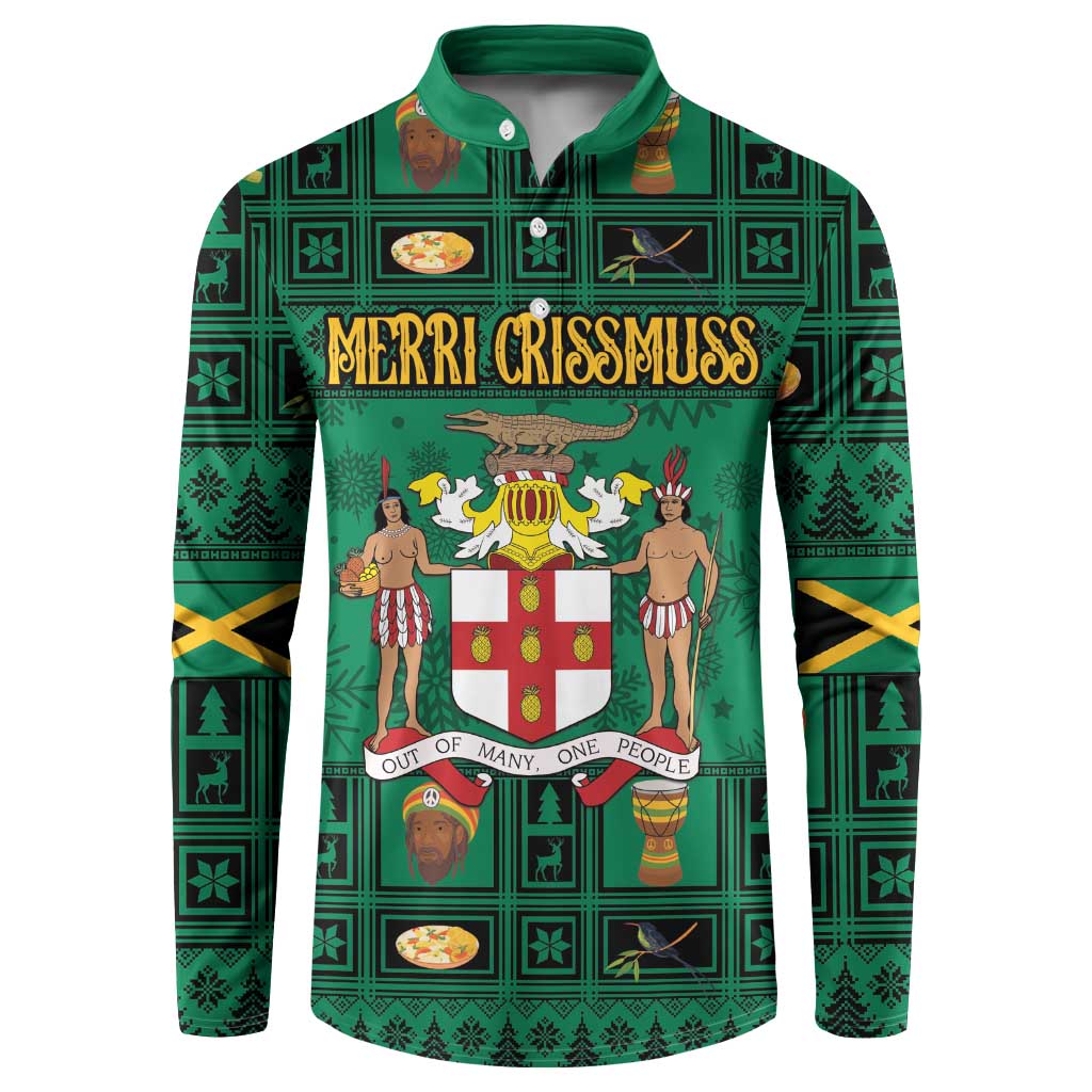 Green long-sleeve button sweatshirt with all-over crest print and 'Merri Crissmuss'