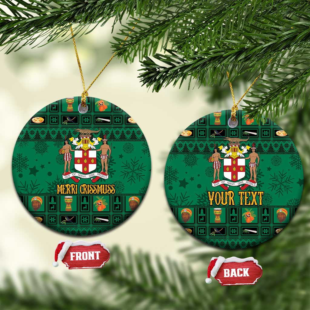 Green ceramic Christmas ornaments on strings, round designs with crest and holiday text