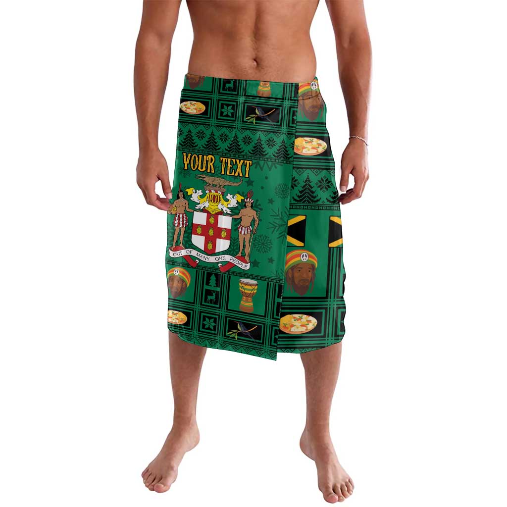 Green printed knee-length lavalava with coat of arms and 'YOUR TEXT'