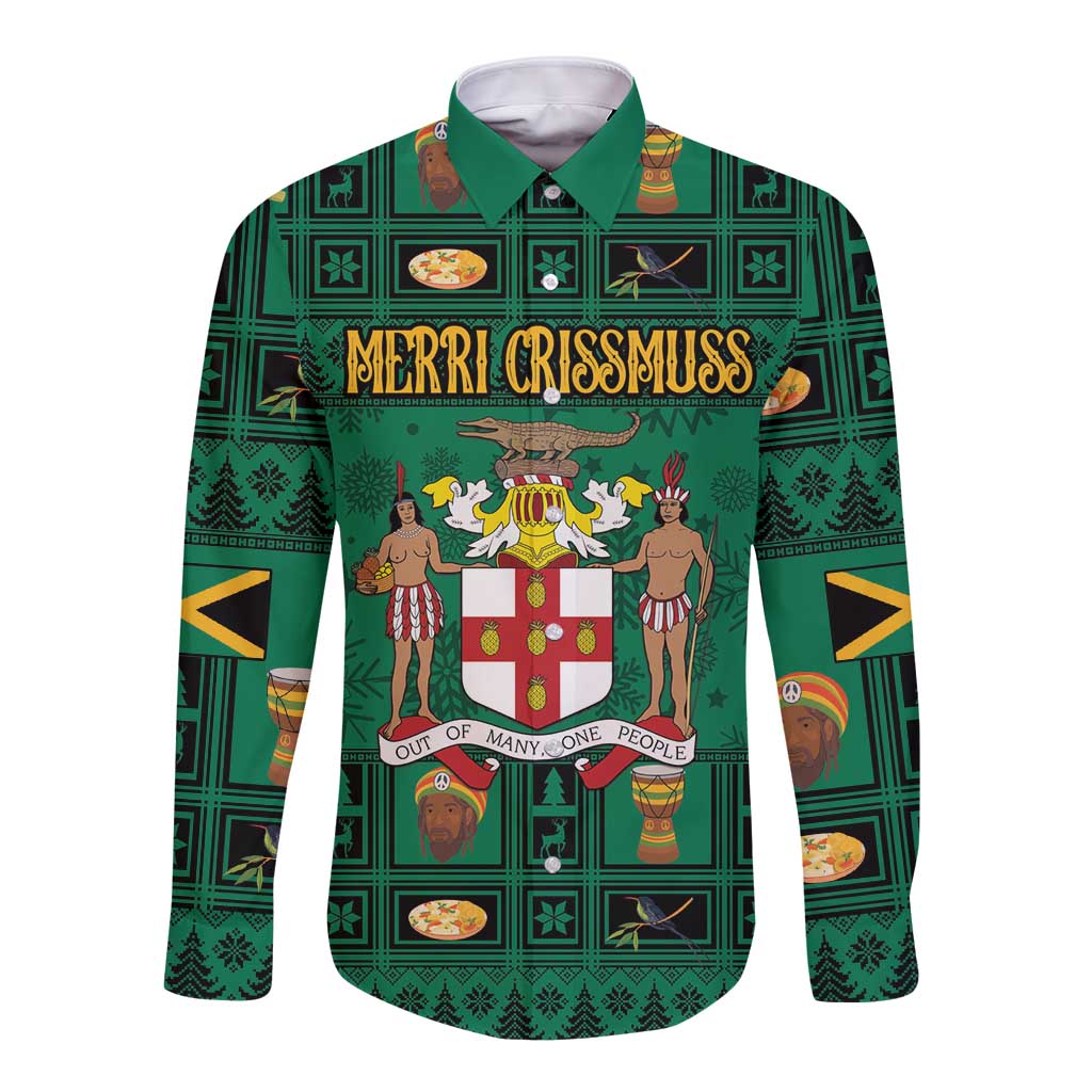 Green long sleeve button shirt with festive coat of arms and 'MERRI CRISSMUSS' print