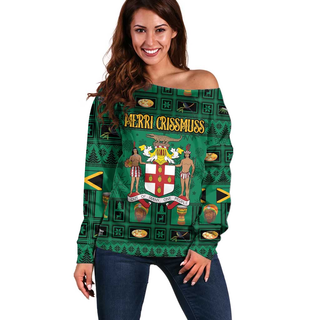 Personalized Jamaica Christmas Off Shoulder Sweater Coat Of Arms - Merri Crissmuss - Wonder Print Shop