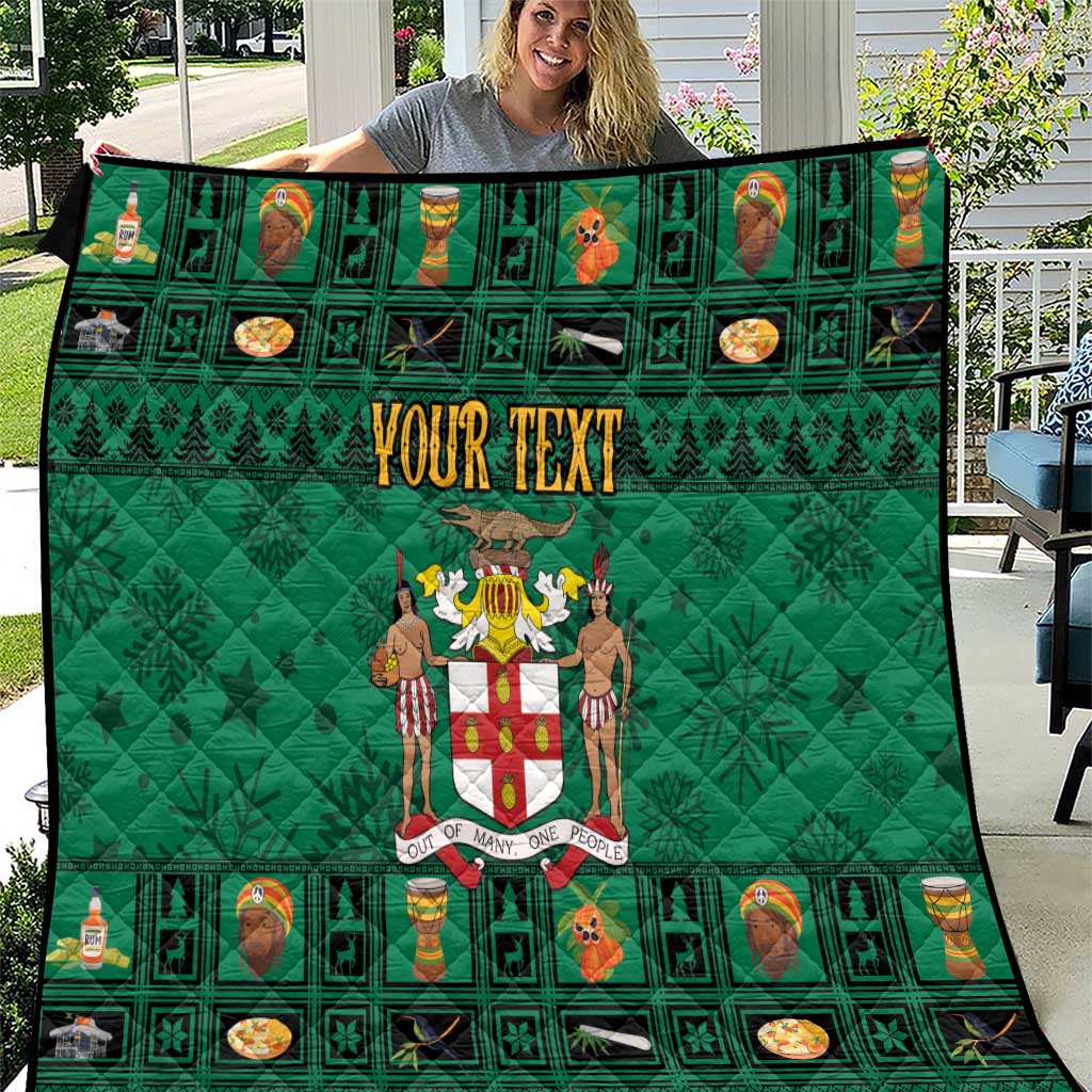 Green quilted blanket with Jamaica coat of arms crest and custom text, festive pattern