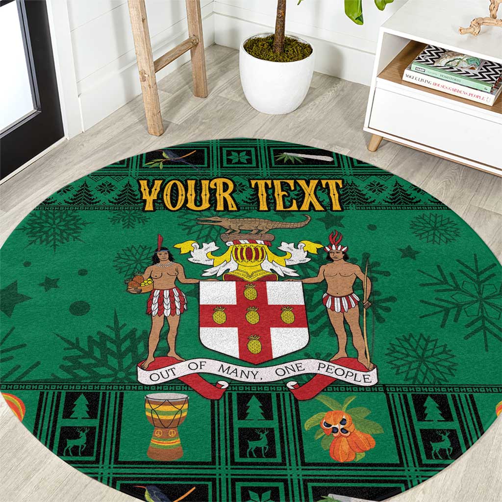 Round green Christmas rug with Jamaica coat of arms and 'YOUR TEXT' banner