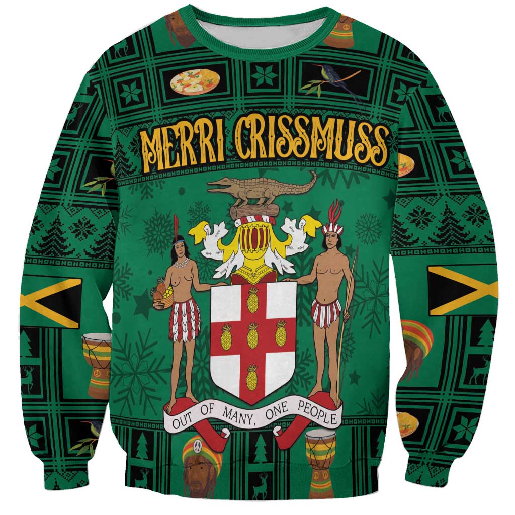 Unisex green Christmas sweatshirt with coat of arms and 'MERRI CRISSMUSS' graphic