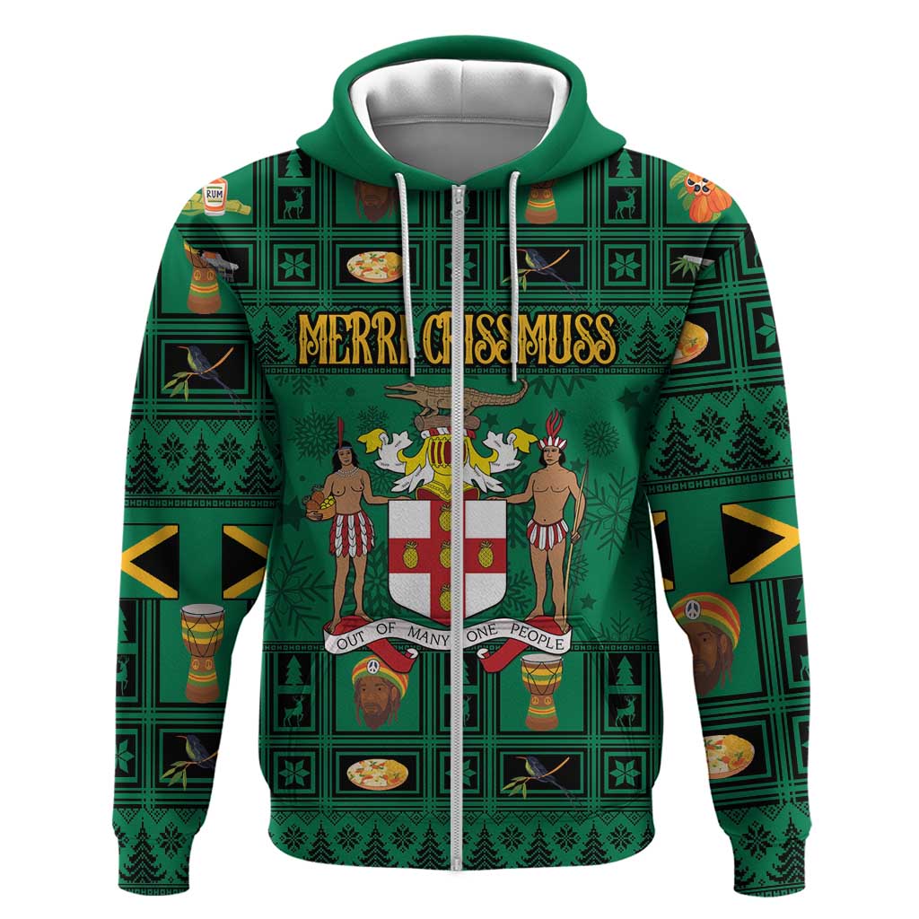 Personalized Jamaica Christmas Zip Hoodie Coat Of Arms - Merri Crissmuss - Wonder Print Shop