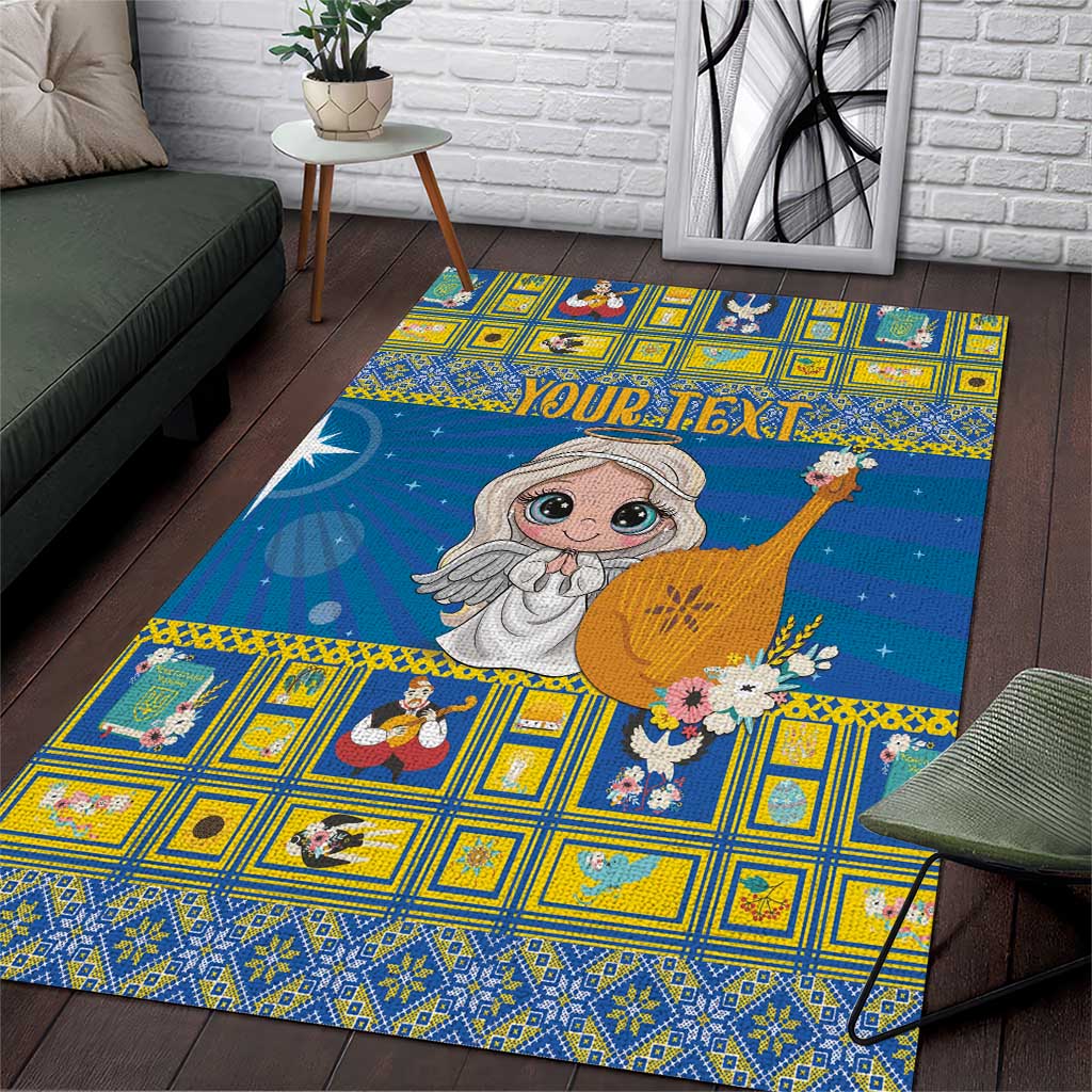 Blue Christmas area rug with yellow patterned border and angel holding a trumpet