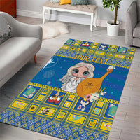 Blue Christmas area rug with angel portrait, yellow tile pattern, and your text banner