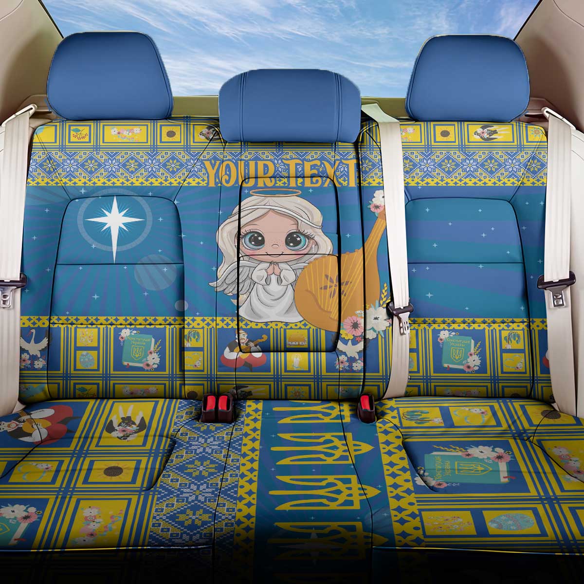 Personalized Ukraine Christmas Back Car Seat Cover Star of Bethlehem With Angle Funny - Wonder Print Shop