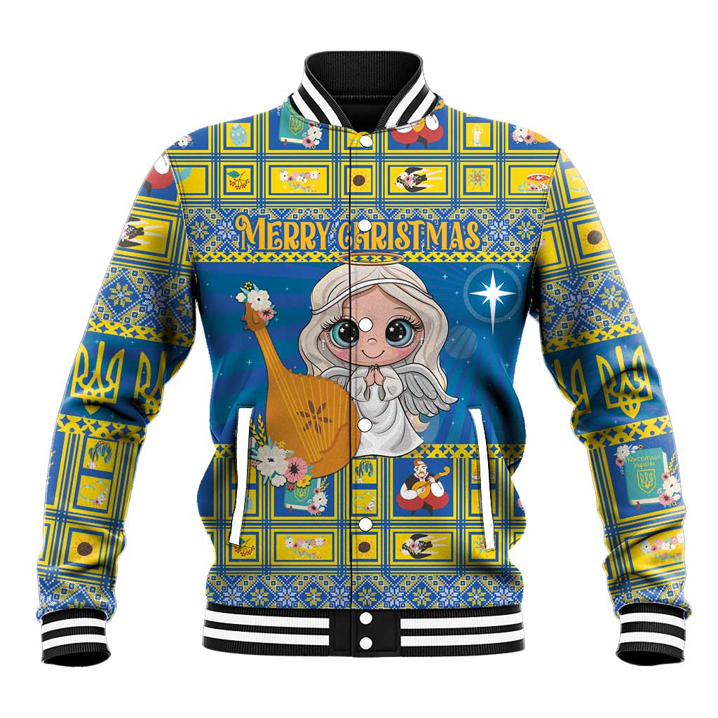 Blue baseball jacket with striped collar and festive Christmas star graphics, front full view