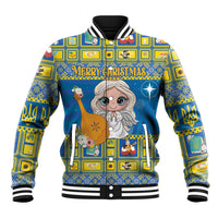 Blue baseball jacket with striped collar and festive Christmas star graphics, front full view
