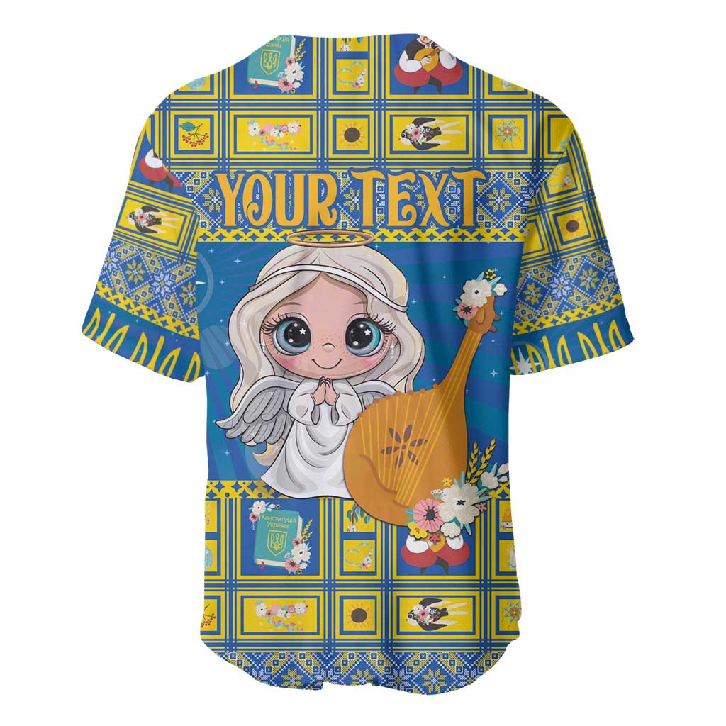 Blue personalized Christmas baseball jersey with angel holding harp and 'YOUR TEXT' print